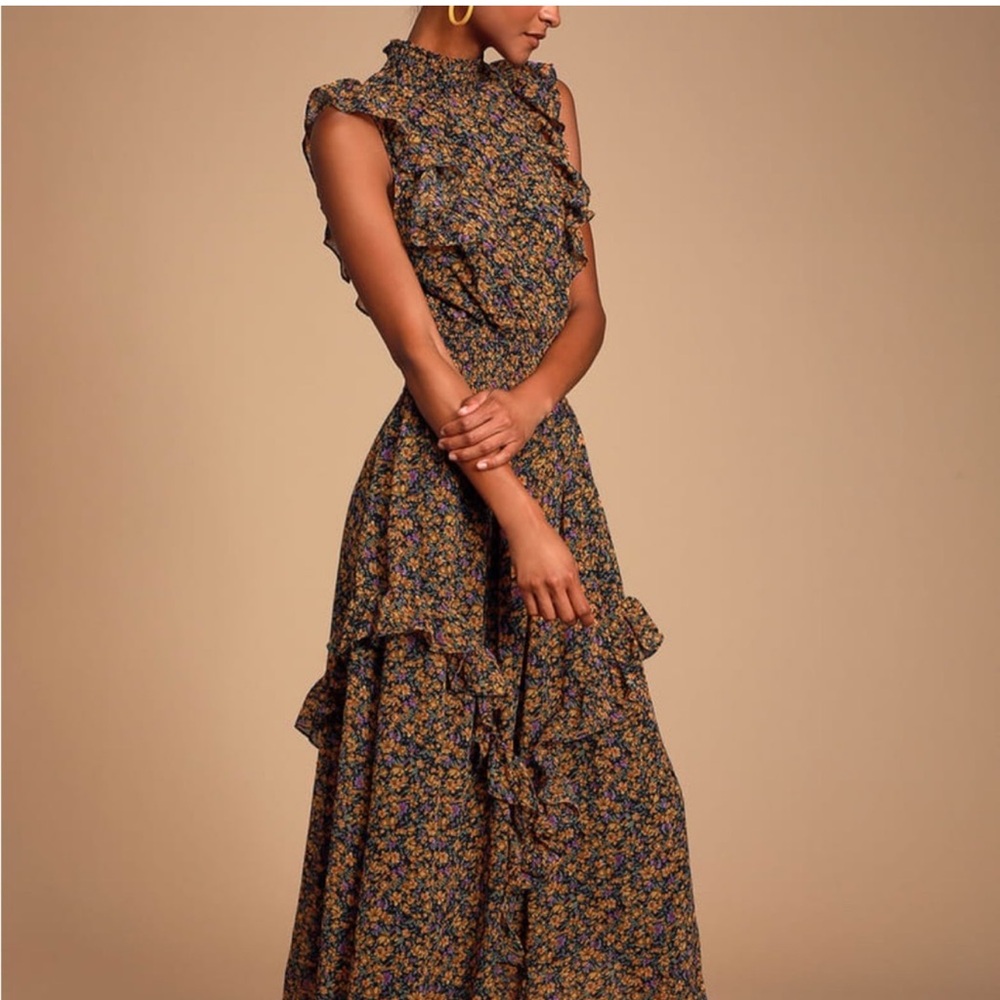 Lulu's Brown and Black Ruffled Tiered Maxi Dress